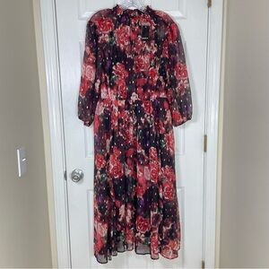 Torrid Womens Burgundy Metallic Floral Chiffon Midi Dress Sz 1X Whimsigoth Fairy